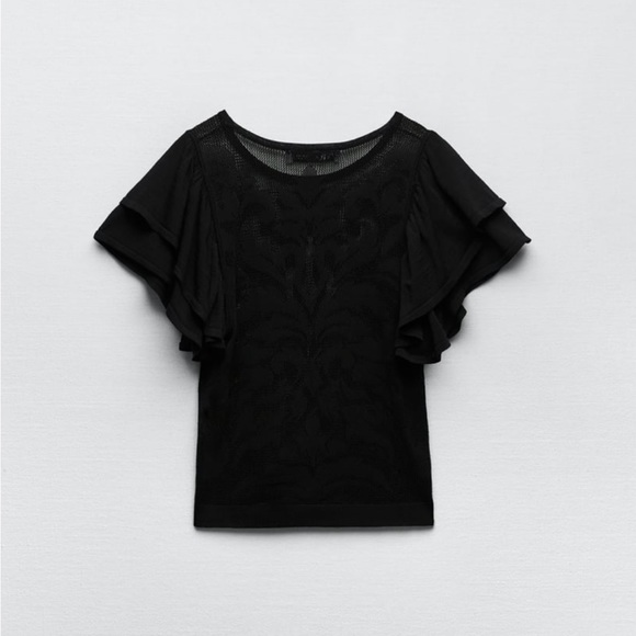 ZARA RUFFLED SLEEVE POINTELLE KNIT TOP - Picture 4 of 7